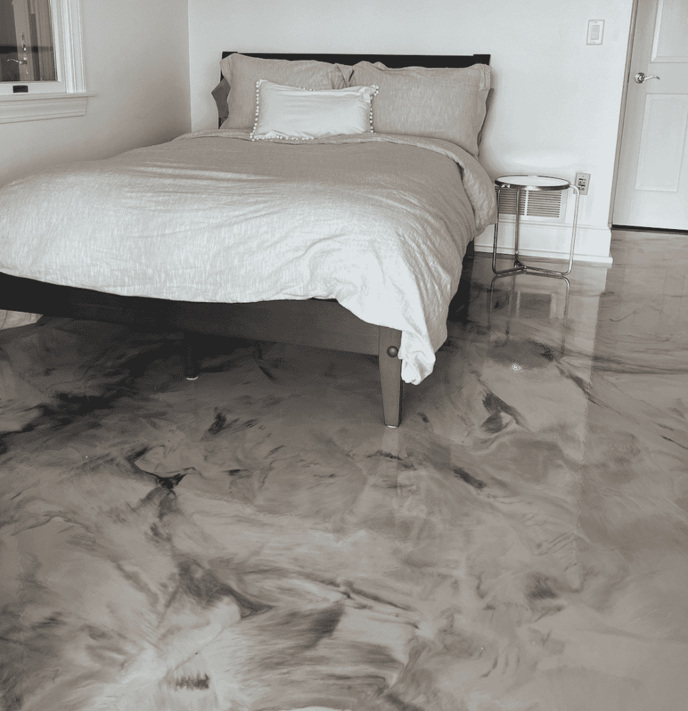 Marbled epoxy flooring in a home bedroom.